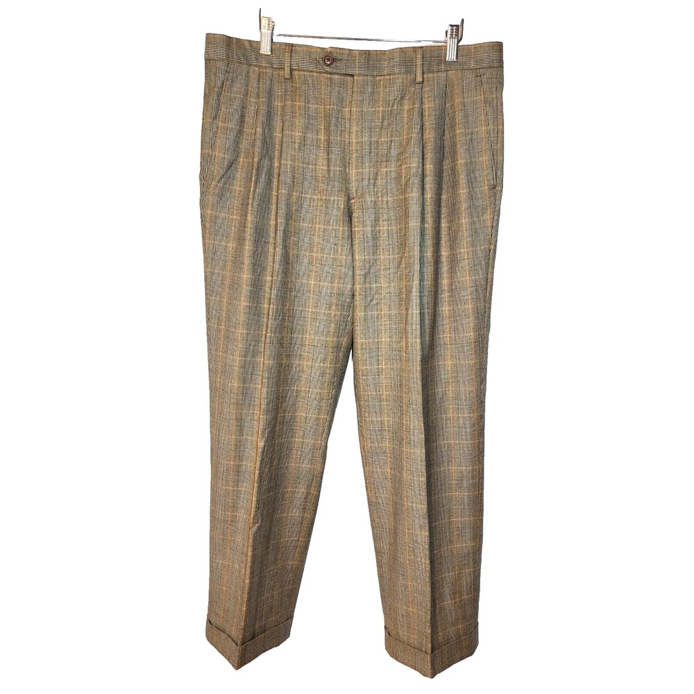Turnbury Glen Check Pleated Wool Trousers Cuffed Hem Pockets Front/Back 34‎ X 29